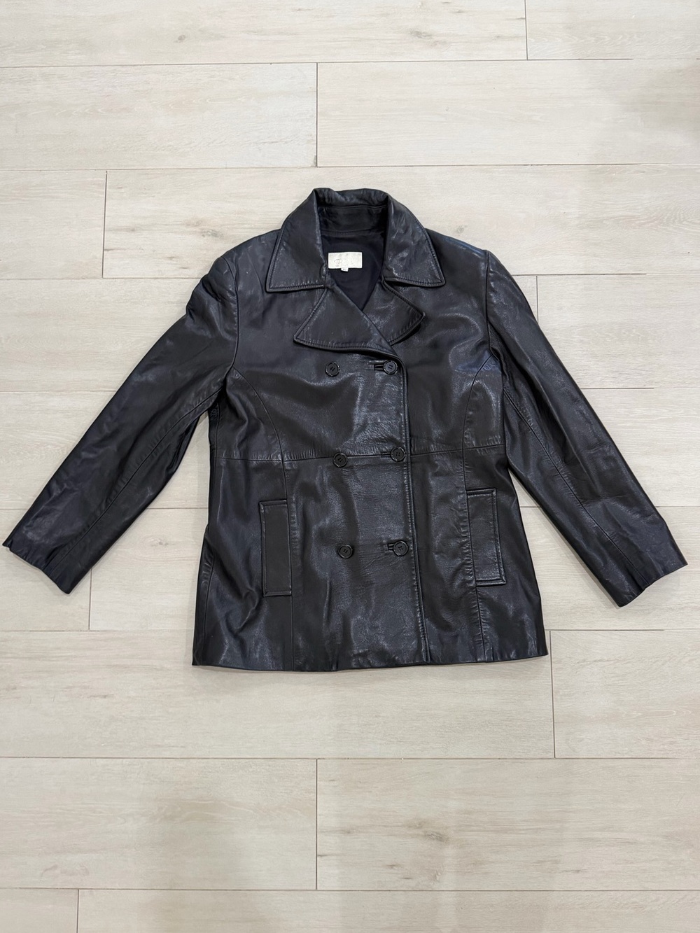 Vintage Caché Black Faux Leather Double-Breasted Peacoat